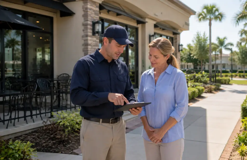 Pest control technician speaking with a business owner about commercial pest service
