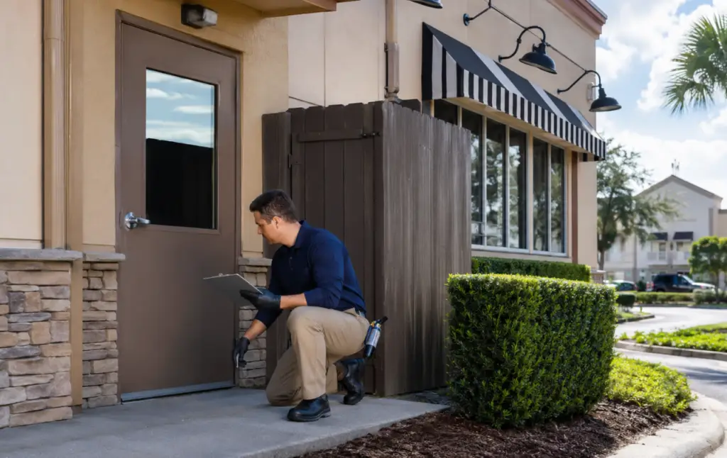 Commercial pest control technician treating landscaping around a business property