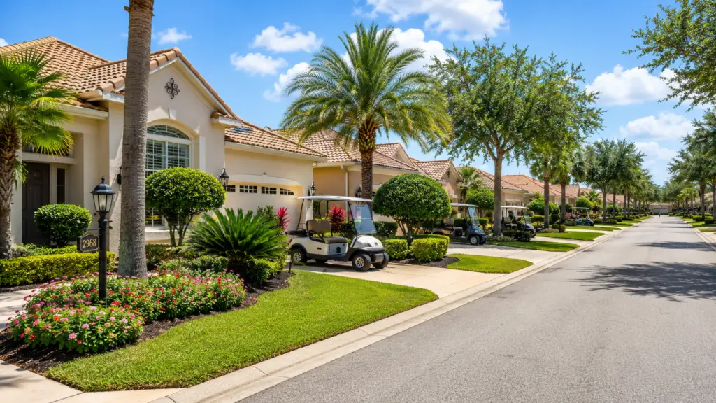 The Villages FL neighborhood with palm trees and manicured landscaping