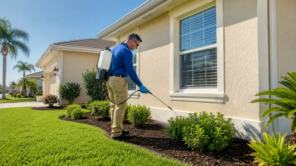 Pest control technician spraying around windows and shrubs at a Florida home
