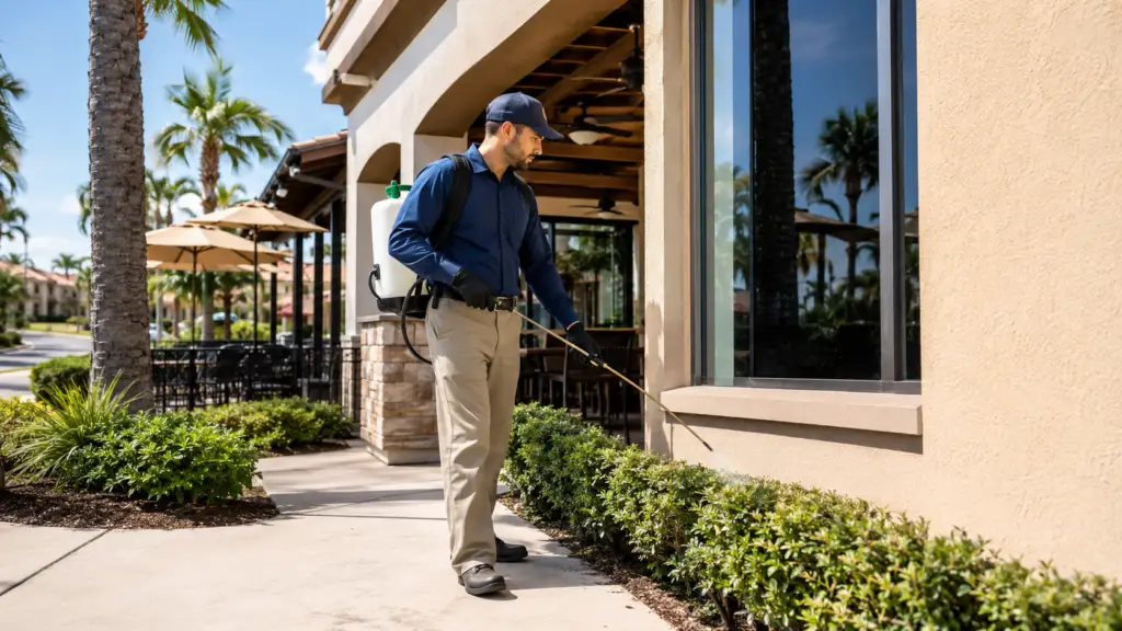 Technician treating the exterior patio area for pests at a Florida home