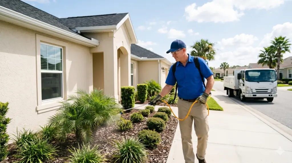 Pest control technician spraying landscaping near a home foundation