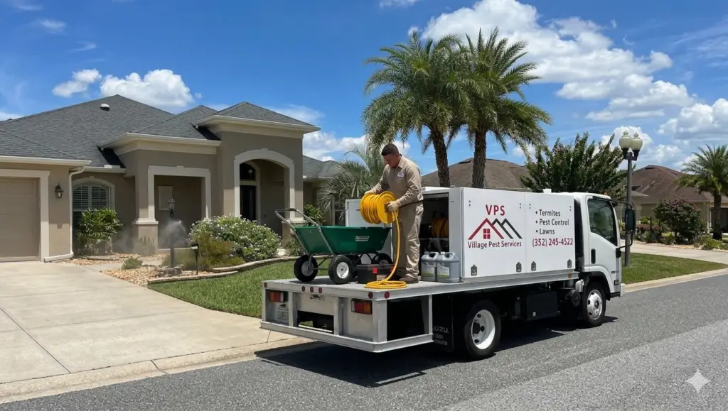 Village Pest Services truck parked outside a home for residential pest control
