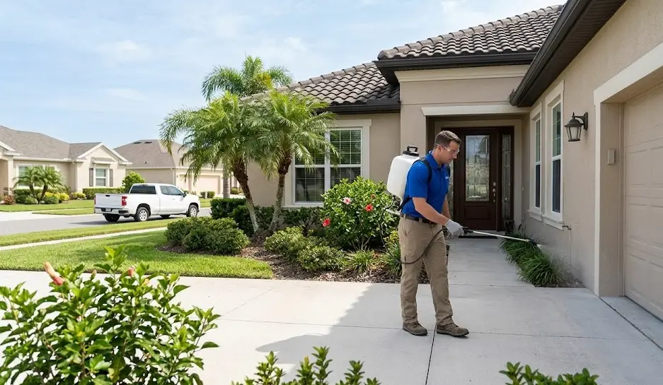 Pest control technician treating the front yard of a Florida home in The Villages