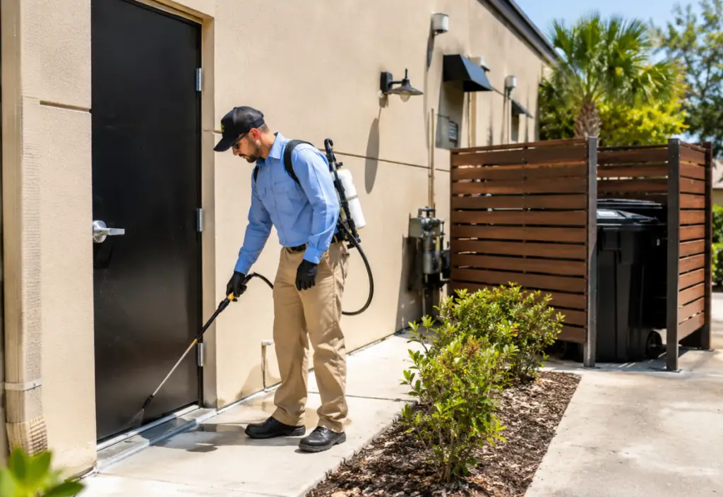Pest control technician spraying around a commercial building exterior