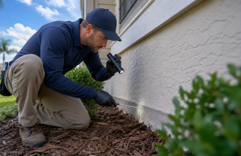 Commercial pest control technician treating the exterior wall of a building