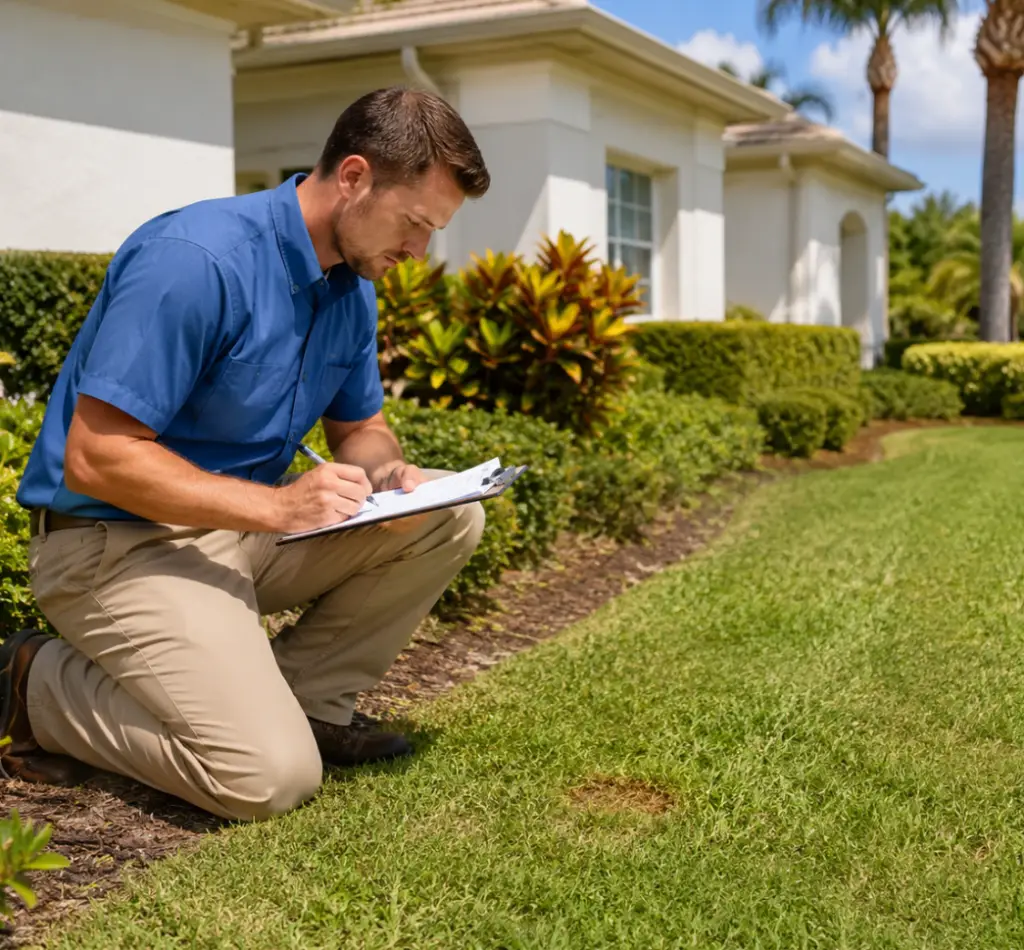 Lawn treatment technician inspecting grass at a Florida home in The Villages