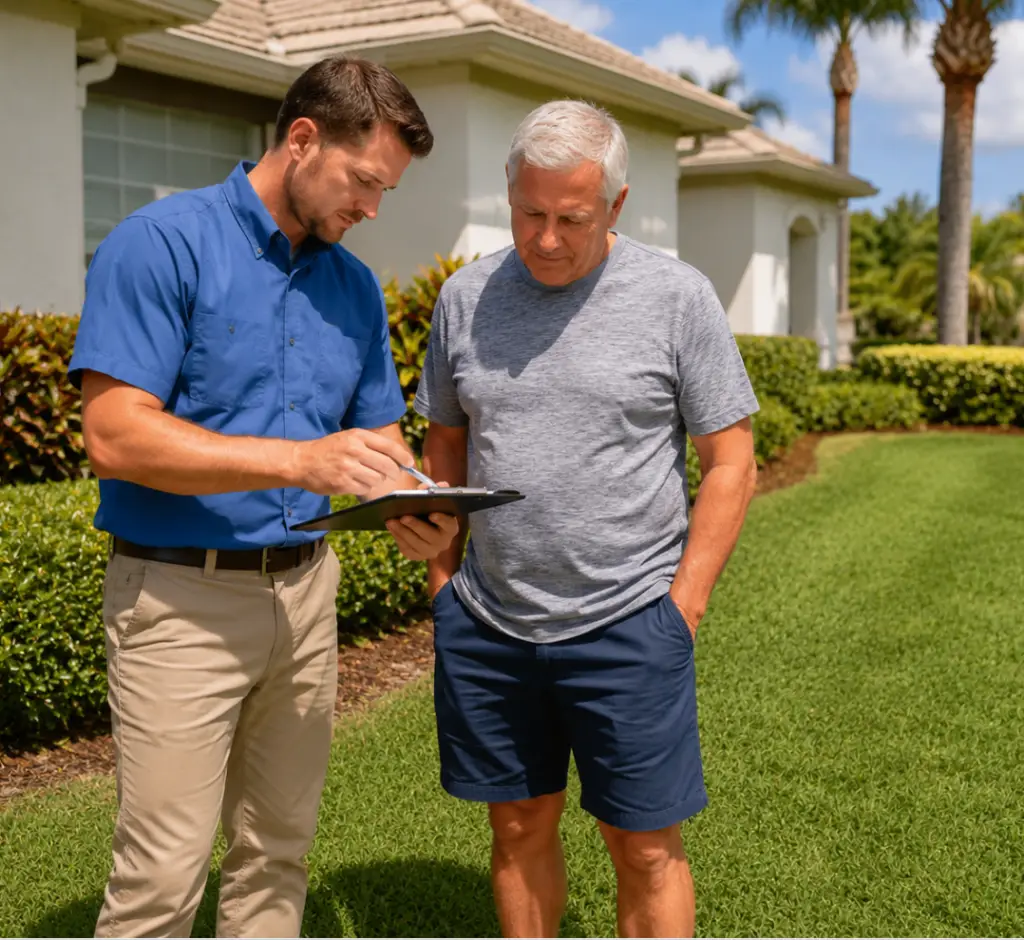 Technician reviewing lawn treatment options with a homeowner in The Villages FL