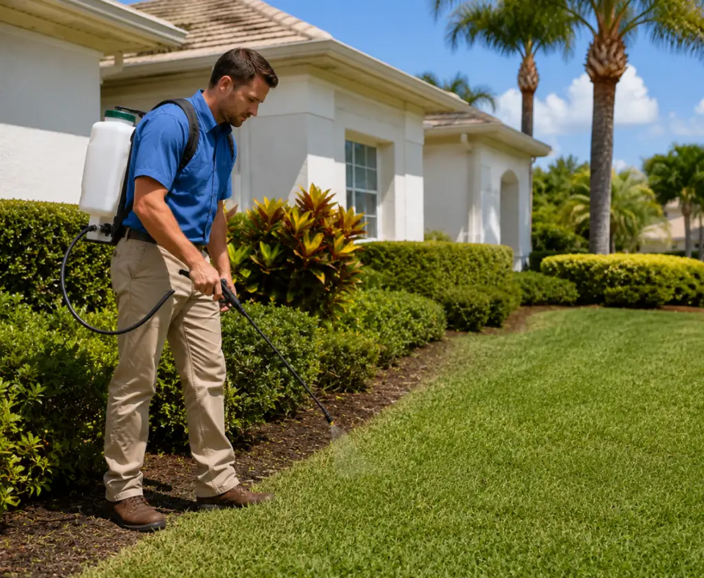 Lawn treatment technician treating shrubs and grass around a Florida home
