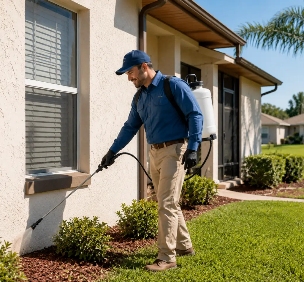 Village Pest Services technician treating shrubs and lawn near a Florida home