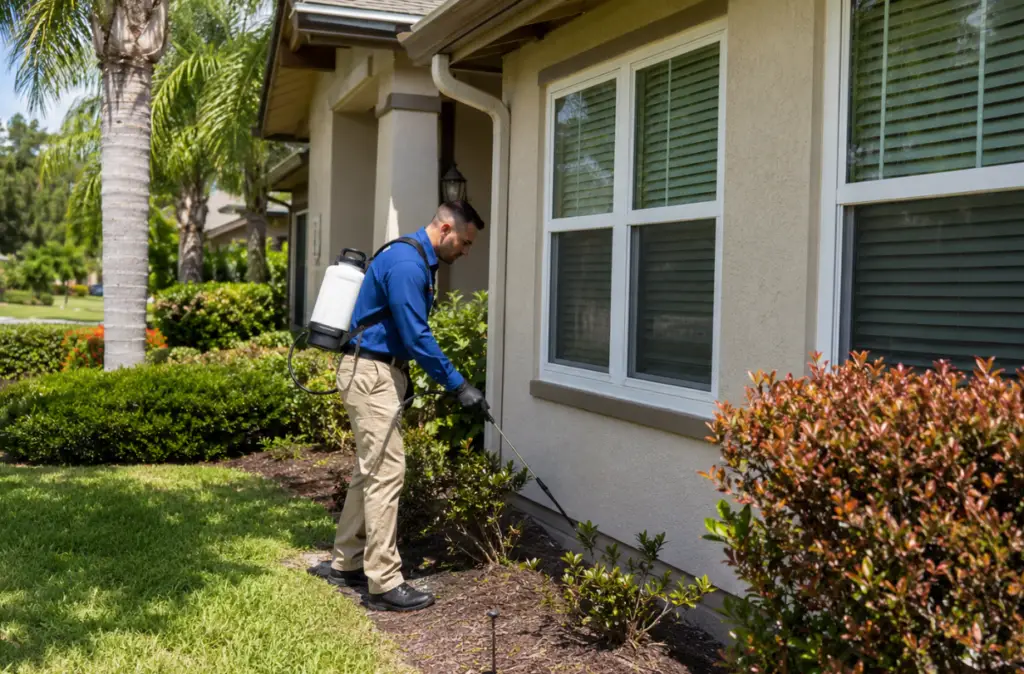 Termite control technician treating the exterior of a Florida home
