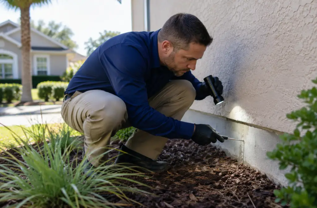 Technician checking a home foundation during a termite inspection