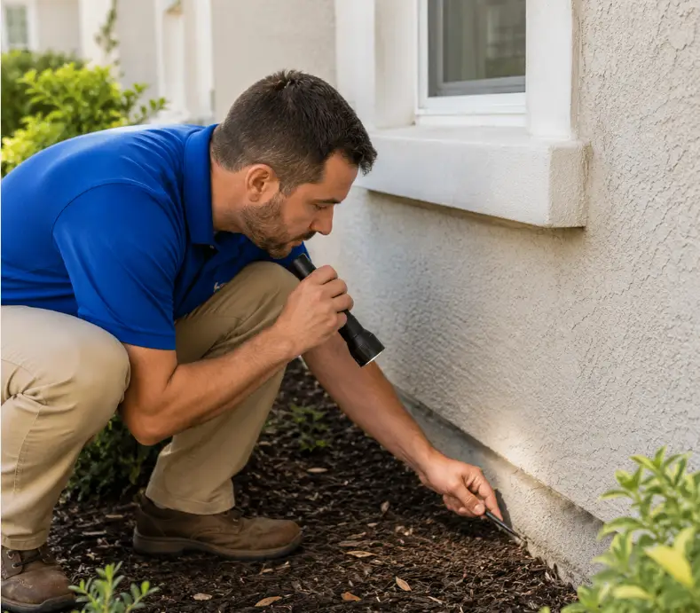 Termite technician inspecting soil and foundation near a Florida home